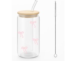 Glas met Deksel en Rietje - Schattige Roze Strik Glazen Set met Cadeau Doos - Ideaal voor Iced Coffee en Dranken - 16 Oz Capaciteit