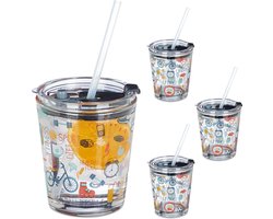 glas met rietje en deksel - set van 4 - met print - 350 ml - kinderen - transparant