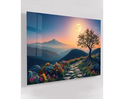Glas Schilderij Blossom Tree Stone Path - 40x60 cm - Huis decoratie woonkamer - Keuken muur schilderijen - Wanddecoratie accessoires - Kamer interieur natuur