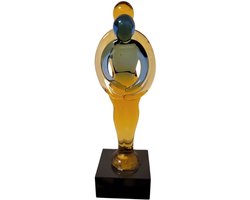 Glas sculptuur "Liefde en Geborgenheid" – handgemaakt – geel blauw– 4x4x13 cm – symbolisch geschenk