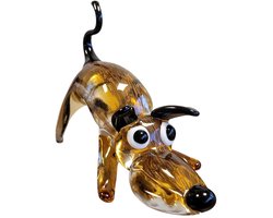 Glas sculptuur speelse hond - helder amber zwart en goud -26x13x20 cm handgemaakt tekkel beagle dog murano glas