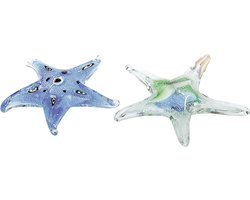 Glas sculptuur zeesterren set 14 cm kleur blauw en groen handgemaakt