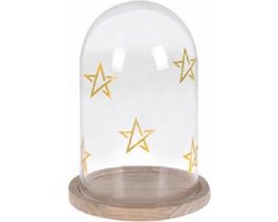 Glas - stolp -houten plateautje - met gouden sterren - kerststolp - H 19 x Ø 13,5 cm - kerst