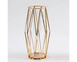 Glas Vaas met Geometrische Metalen Stand - Decoratieve Vaas voor Hydroponische Planten - Pampasgras en Rozen - Elegant Tafeldecoratie voor Thuis en Bruiloft - 28 cm - Goud