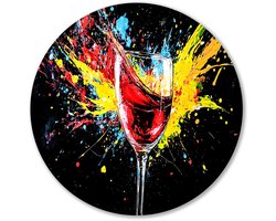 Glas wijn en kleurspatten - Wijn muurdecoratie rond - Wandbord glas - Abstract expressionisme - Forex kunstwerk cirkel - Muurkunst aanbrengen - muurcirkel forex 50x50 cm