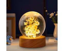 Glasbol Nachtlamp - Tafellamp - Bureaulamp - USB oplaadbaar - Kinderlamp - Slaapkamer - 6cm - Gele madeliefjes Design