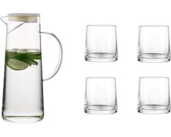 Glasrijk® Karaf set - 4 Waterglazen - Drinkglazen - 1.8L & 250ml Waterkaraf - Waterkan met Deksel En Filter - Glazen Karaf - Schenkkan - Glazen Waterkan - Waterkaraf voor Fruitwater - Multifunctionele Decanteer Karaf - Kan met Deksel - Waterkan
