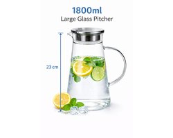 Glass Pitcher 1800ml with Stainless Steel Lid & Filter – Large Water Carafe, Heat Resistant, 23cm, for Juice, Tea & Cold Drinks