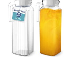 Glass Water Jug for Refrigerator - 2 Pcs (1 Litre) with Ribbed Design Spill-free Spout Vented Lid for Hot/Cold Water Iced Tea Coffee Milk and Juice Jug