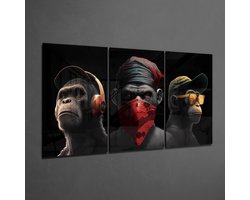 Glasschilderij - Drie apen - Wanddecoratie - Dieren - Zwart - 3x110x70 cm