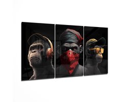 Glasschilderij - Drie apen - Wanddecoratie - Dieren - Zwart - 3x140x90 cm