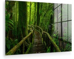 Glasschilderij - Foto op glas - Bos - Bomen - Jungle - Pad - Groen - Wanddecoratie - Acrylglas - 120x80 cm - Muurdecoratie - Schilderij glas