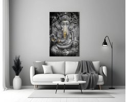 Glasschilderij – Ganesha met Gouden Accenten – Spirituele Wanddecoratie voor Woonkamer of Meditatieruimte - 90x60x0.4 cm