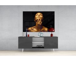 Glasschilderij - Gouden Vrouw Portret - 90 x 60 cm