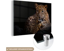 Glasschilderij luipaard - Boomstam - Dieren - Portret - Wanddecoratie - Woonkamer - 120x80 cm - Schilderij glas - Foto op glas - Woonaccessoires - Muurdecoratie - Glasplaat