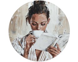 Glasschilderij Ochtendkoffie met een Boek I - Ø 50 - Glas - REINDERS