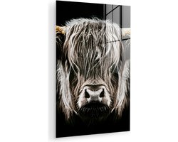 Glasschilderij Schotse hooglander - Goud - Hoorns - Koe - Dieren - Schilderij Schotse hooglander - Foto op glas - 40x60 cm - Wanddecoratie glas - Woonkamer
