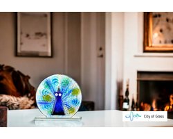 Glassculptuur - Glazen Pauw- Glasobject - Sculptuur - Fusing glas Peacock - 16cm