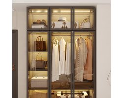 GlassLux Elite Vitrinekast met LED Verlichting, 6 Deuren, 8 Planken & Kledingstang – 120 x 48 x 190 cm – Zwarte Glazen Opbergkast van Gehard Glas & Metaal