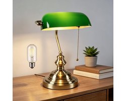 Glazen Bankiersbureaulamp - Groen - Antieke Bureaulamp met Messing Voet - Vintage Lamp voor Kantoor of Studeerkamer