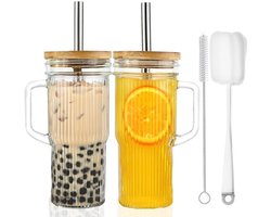 Glazen beker 24oz met deksel en rietje 2-pack - geribbelde drinkbeker met handvat - herbruikbare mason jar voor ijskoffie, boba, smoothie - 710 ml