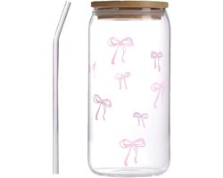 Glazen beker - Drinkglas met rietje - IJskoffie drinken - Met schattige strik - 500 ml - Meerkleurig