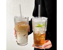 Glazen beker met deksel en rietje, 600ml - Matcha, Iced Coffee, Smoothie - Luchtdicht waterdicht design
