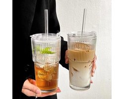 Glazen beker met deksel en rietje, 600ml - Matcha, Iced Coffee, Smoothie - Luchtdicht waterdicht design
