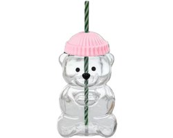 Glazen Beker met Deksel en Rietje - Glas Glazen Rietjesbeker - Waterfles in de vorm van een beer -20oz (580 ml) Drinkglas voor Koffie, Thee en Koude Dranken - Roze