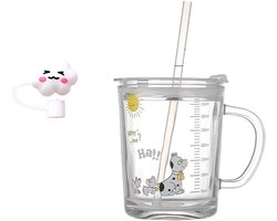 Glazen Beker met Maatstreep en Rietje, Kinderdrinkbeker 350 ml met Deksel