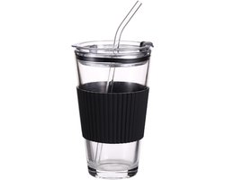 Glazen Beker Met Rietje En Deksel - Bekerglas - Transparant En Met Handvat - 1 Stuks - Thuis Of Kantoor Zwart