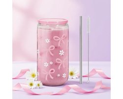 Glazen beker met roze vlinderstrik, deksel en rietje – 16 oz esthetische drinkbeker voor koffie, smoothies en water, cadeauverpakking
