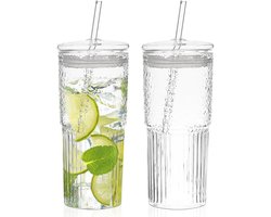 Glazen bekers met deksel en rietje - Set van 2 - 600 ml - Perfect voor cocktails en frisdranken