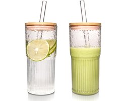 Glazen Bekers met Deksel en Rietjes - 620ml Koffiebekers - Drinkglazen - Iced Coffee - Herbruikbare Smoothie Cup - Waterglazen - Ribbelglas - Transparante Reismok Drinkset