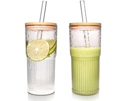 Glazen Bekers met Deksel en Rietjes - 620ml Koffiebekers - Drinkglazen - Iced Coffee - Herbruikbare Smoothie Cup - Waterglazen - Ribbelglas - Transparante Reismok Drinkset