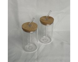 Glazen bekers met rietje (2 stuks) - 400 ML - drinkbeker herbruikbaar - glas bamboe beker - duurzaam