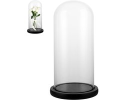 Glazen bel met zwarte houten bodem - 26 cm hoog - glazen koepel - decoratie - transparante glazen stolp - verlichting - woonaccessoire