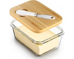 Glazen botervloot met bamboedeksel en mesje – Luchtdichte afsluiting voor versheid – Ruime botervloot geschikt voor boter van de Oost- en Westkust – Ideaal voor op het aanrecht en in de koelkast – Premium glazen boterbewaarder