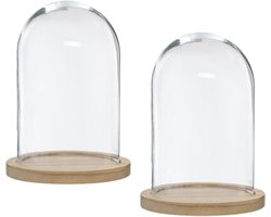Glazen Cloche - Glazen Stolp - Glas Dome - Set van 2 - Decoratieve Stolp met Houten Voet - 18 x 25 cm - Transparant