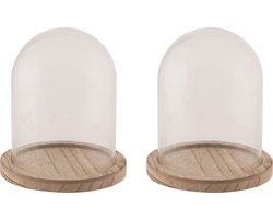 Glazen decoratie stolp op houten plateau - 2x - D10 x H16 cm - Home Deco stolpen - Woonaccessoires