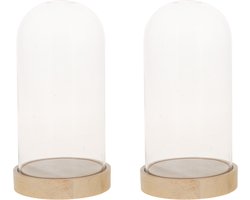 Glazen decoratie stolp op houten plateau - 2x - D10 x H20 cm - Home Deco stolpen - Woonaccessoires