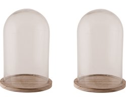 Glazen decoratie stolp op houten plateau - 2x - D17 x H25 cm - Home Deco stolpen - Woonaccessoires