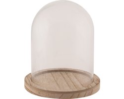 Glazen decoratie stolp op houten plateau - D10 x H16 cm - Home Deco stolpen - Woonaccessoires