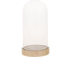 Glazen decoratie stolp op houten plateau - D10 x H20 cm - Home Deco stolpen - Woonaccessoires