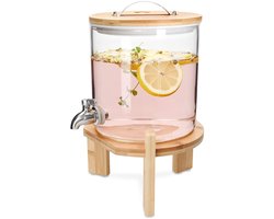 Glazen drankdispenser - 5 liter - met houten standaard - hittebestendig