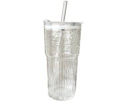 Glazen drinkbeker van 600 ml met afsluitdeksel en herbruikbaar rietje – Dikke breukvast glazen beker, elegant en duurzaam voor ijskoffie, smoothies, cocktails en vruchtensappen