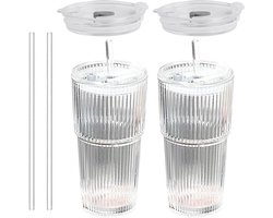 Glazen drinkbekers met deksel en rietjes, set van 2, 600 ml - Ideaal voor ijskoffie, smoothies, sap en thee