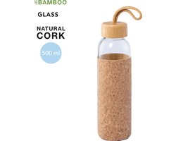 Glazen drinkfles - Waterfles - Drinkflessen - Waterflessen volwassenen - Met bamboe draaidop en kurken beschermhoes - 500 ml
