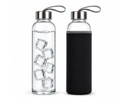 Glazen Drinkfles - Waterfles Glas - Drinkflessen - Waterflessen volwassenen - Met beschermhoes - 2 Stuks -500ML - Duurzaam - Lekvrij - Transparant