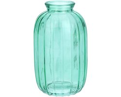 Glazen Fles - Decoratieve Vaas - Stijlvolle Decoratie - Geribbeld Glas Design - 12 cm Hoog - Turkoois